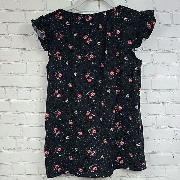 LuLaRoe Stasha Ruffle Top XS 0/2 Black Rose Floral Polka Dot Printed Knit Tee - Picture 10 of 11